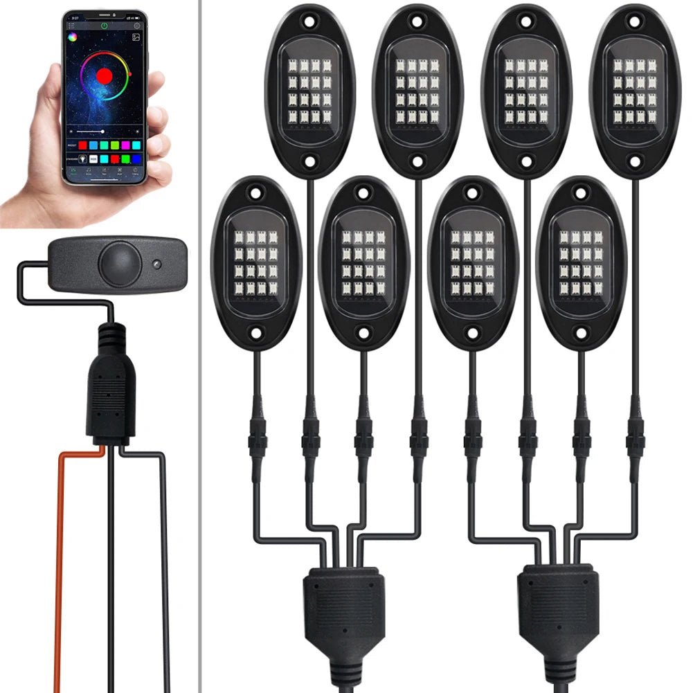 4/6/8 In 1 RGB LED Rock Lights Bluetooth-Compatible APP Control Music Sync Car Chassis Light Undergolw Waterproof Neon Lights