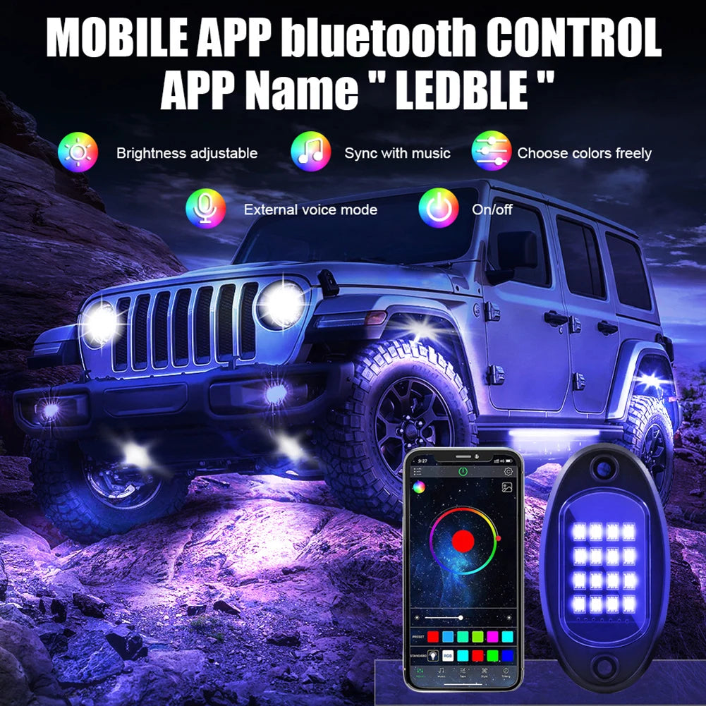 4/6/8 In 1 RGB LED Rock Lights Bluetooth-Compatible APP Control Music Sync Car Chassis Light Undergolw Waterproof Neon Lights