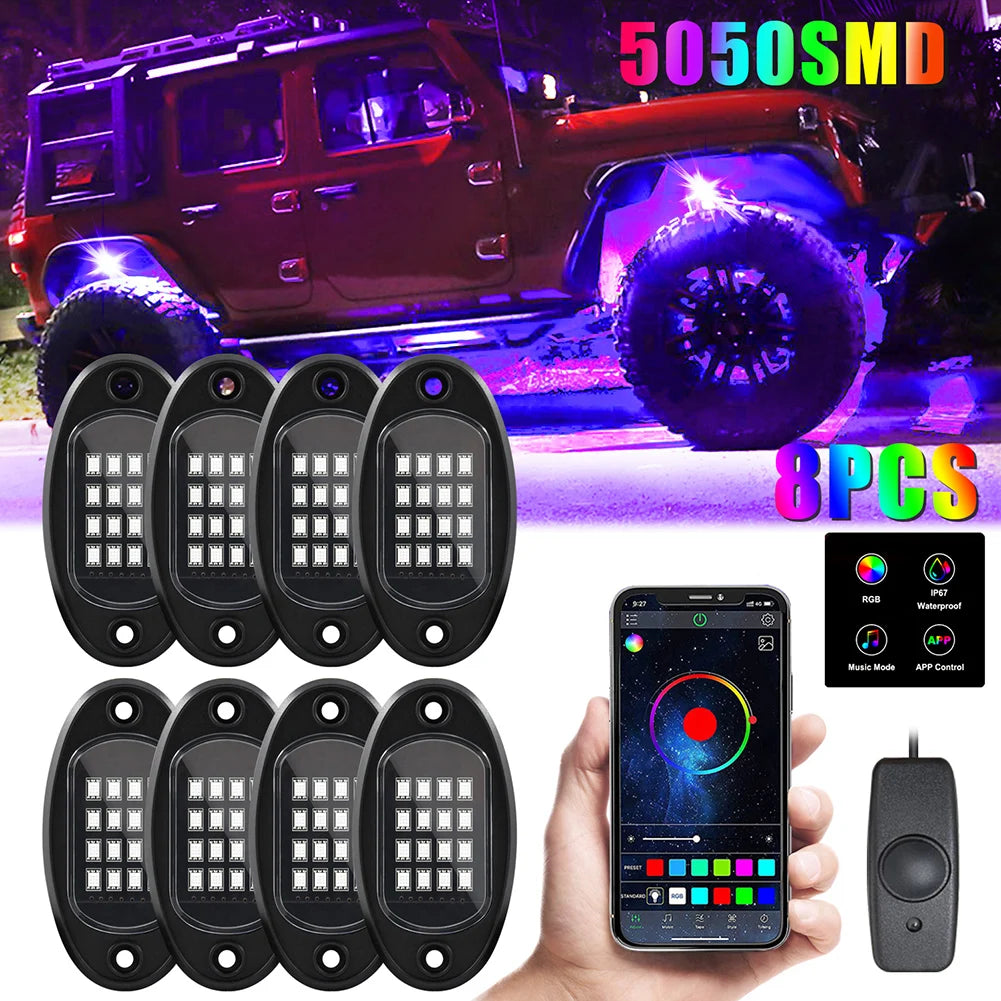 4/6/8 In 1 RGB LED Rock Lights Bluetooth-Compatible APP Control Music Sync Car Chassis Light Undergolw Waterproof Neon Lights