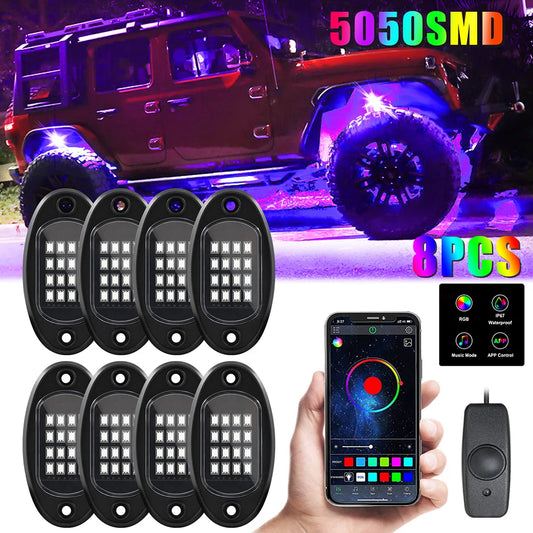 4/6/8 In 1 RGB LED Rock Lights Bluetooth-Compatible APP Control Music Sync Car Chassis Light Undergolw Waterproof Neon Lights